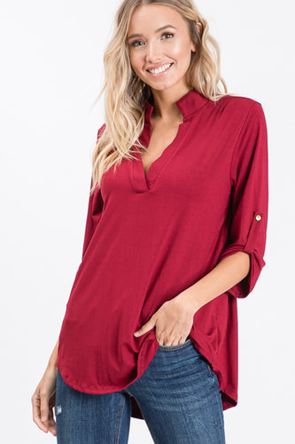 Burgundy Button Sleeve Collar Solid Top