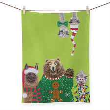 Festive Animals Green Tea Towel