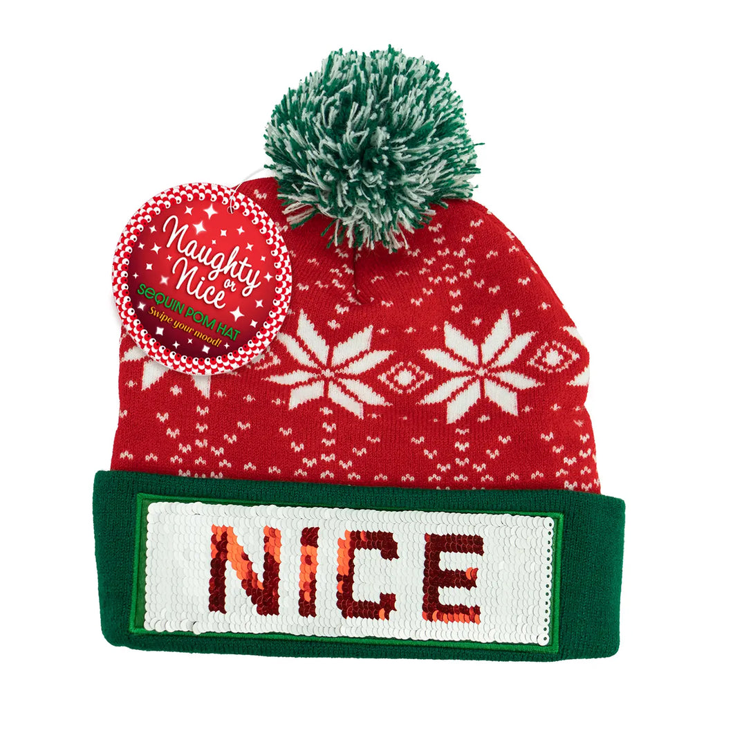 Holiday Naughty or Nice Sequin Pom Hat