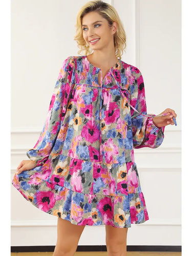 Floral Tie Neck Bubble Sleeve Shift Dress