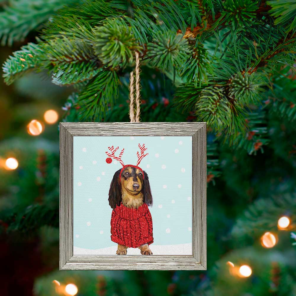 Festive Doxie Wooden Framed Ornament